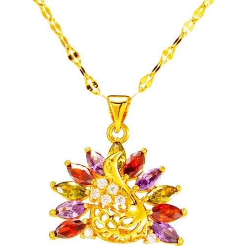 2021 new Fashion 24K gold Color Zircon Crystal Chain necklace for women Peacock Pendant Womens wedding Jewelry mothers day gift
