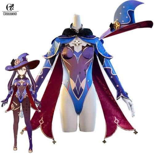 ROLECOS Genshin Impact Mona Cosplay Costume Women Sexy Jumpsuit Game Costume for Women Bodysuit Cloak Leggings