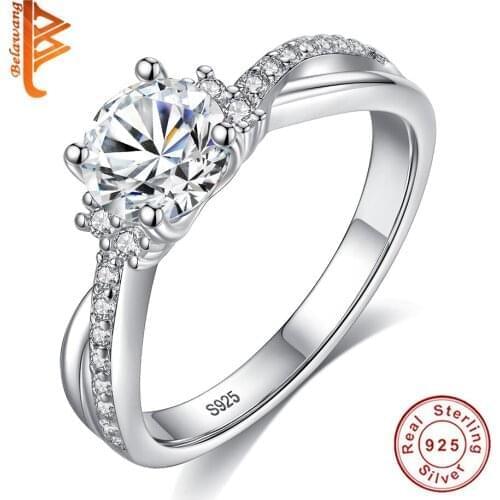 BELAWANG Unique Design Cross Rings with Clear CZ Crystal Women Finger Rings 925 Original Silver Jewelry Wedding Party Gift