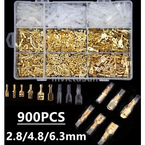 900Pcs 2.8/4.8/6.3mm Female Male Crimp Terminal Connector Gold Brass/Silver Car Speaker Electric Wire Connectors Assorted Set