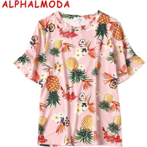 ALPHALMODA 2018 Summer Women Trendy Printed Pattern Tshirts Tropical Fruits Print Female Popular Short-sleeved Tshirts