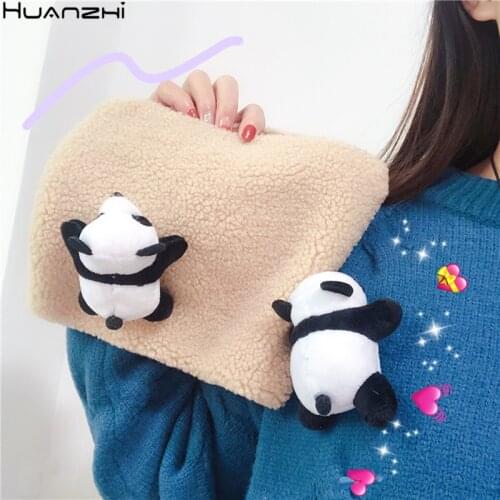 HUANZHI 2020 Fluffy Plush Cartoon Panda lovely Stereoscopic Doll Bear Animals Brooch for Women Couple Coat Accessories