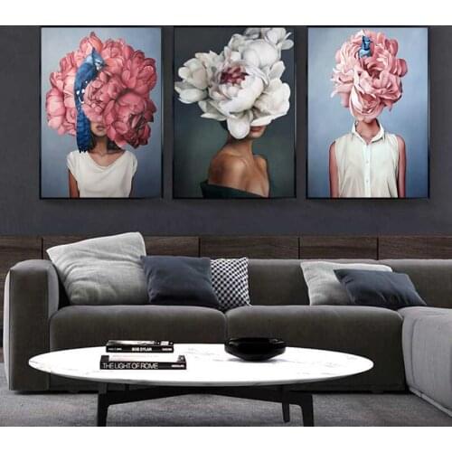 Nordic Sexy Flowers Feathers Woman Abstract Canvas Painting Wall Art Print Poster personality Picture for Living Room Decor