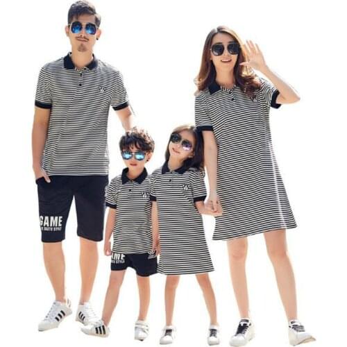 2021 Family Matching Outfits Baby Girl Clothes Parent-child Family Look Mother Kids Striped T-shirt Dresses Boy Clothing Set