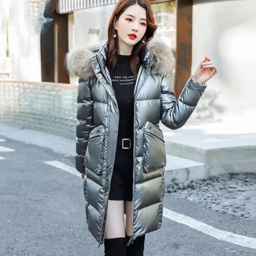 Bright Face Down Jacket Women Long 90% White Duck Down Outerwear Winter Warm Jacket Cold-proof Natural Fur collar Parka Overcoat