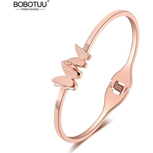 BOBOTUU Trendy Titanium Stainless Steel Double Butterfly Bangles Bracelets For Women Girls Cuff Bangle Bracelet Jewelry BB19067