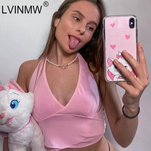 LVINMW Halter Deep V Neck Lace Up Solid Sexy Slim Pink Crop Top Backless Sleeveless Low Cut Fashion Tank Tops Women Club Party