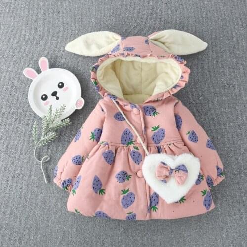 Fashion new Hooded Bunny Ears jacket for girls + Hairpin decoration white heart-shaped small backpack winter Childrens' jacket