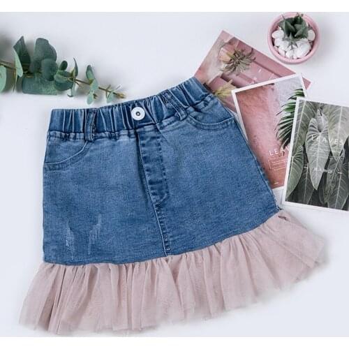 New Girls Summer Denim Ruffled Skirts Girls Jeans Mesh Patchwork Skirt Baby Girls Party Skirt Children Fashion Girls Clothing