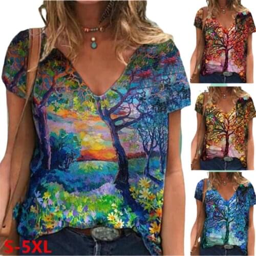 3D Floral Tree Print V-Neck Tie-Dye Tops Womens Summer Loose Plus Size Short-Sleeve Casual T-Shirt 5XL 2021 New T-Shirt Clothes