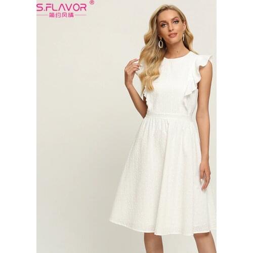 S.FLAVOR Women White Hollow Out Cotton Dress 2021 Summer Ruffles Sleeveless A-line Dress Beach Style Women Casual Midi Sundress