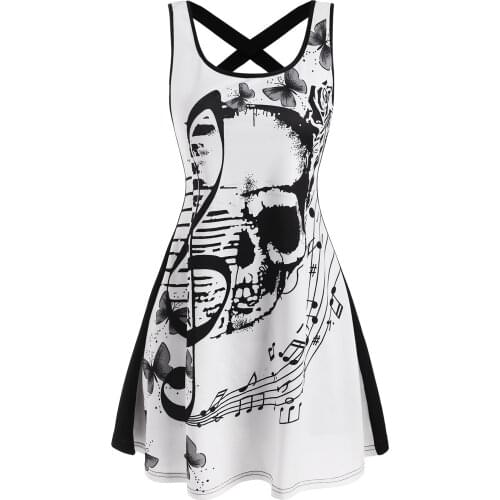 Skull Musical Note Butterfly Print Criss Cross Tank Dress Women Casual Sexy Mini Tunic Dress Daily Office Dress Vestidos