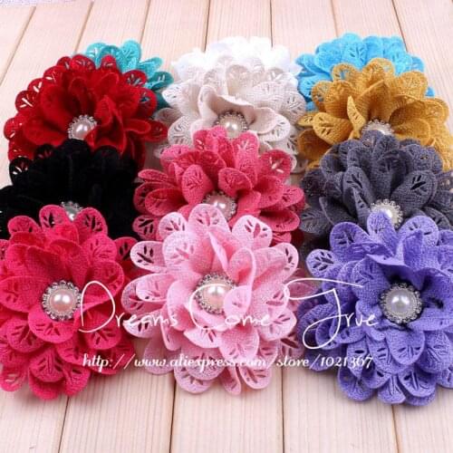 200pcs/lot 3.8" 12Colors Artificial Headband Flowers For Hair Fabric Flowers With Pearl Rhinestone Button For Kids Accessories