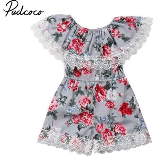 2019 Fashion Cute Toddler Kids Baby Girl Flower Lace Ruffle Romper Flower Print Summer Blue Lace-up Jumpsuit Clothes