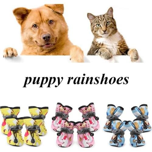 4Pcs/Set Pet Dog Shoes Waterproof Anti-slip Rain Snow Boots Cartoon Printed Footwear For Small Cats Puppy Dogs Socks Booties