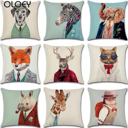 45cm*45cm Cartoon Pattern Throw Pillow Case Dog Cat Owl Fox Cotton Linen Decorative Pillow Cover Home Sofa Square Pillowcase