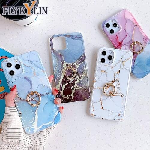 FLYKYLIN Marble Ring Holder Case For iPhone 12 11 Pro Max XR X XS Max 7 8 Plus SE 2020 Case Soft Silicone Shockproof Phone Cover