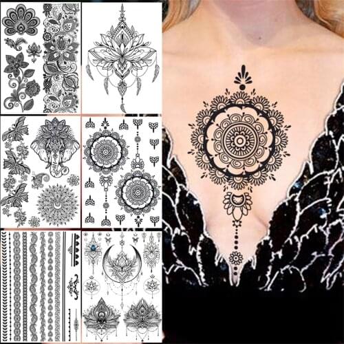 Tribal Henna Temporary Tattoos For Women Girls Adult Lace Black Mandala Tattoo Sticker Fake Flower Lotus Moon Tatoos Waterproof
