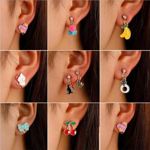 Brand Funny DIY Handmade Irregular Cute cat Cherry Drop Earrings Women Retro Musical Instrument Dangle Earrings Vintage Brincos