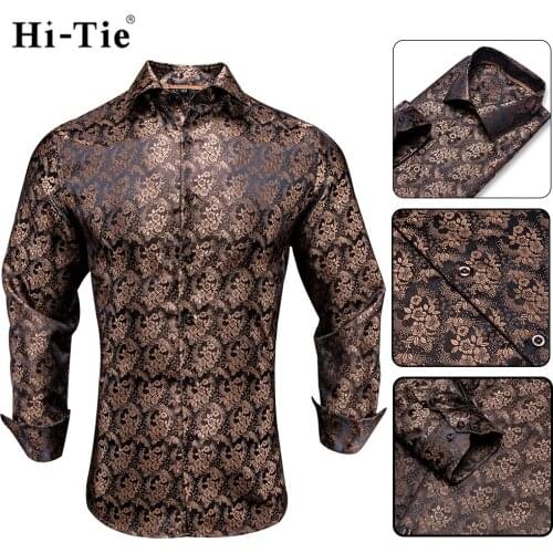 Hi-Tie Silk Brown Floral Casual Mens Shirt Luxury Silver Shirt For Men Wedding Dress Fashion Slim Fit Long Sleeve dropshipping