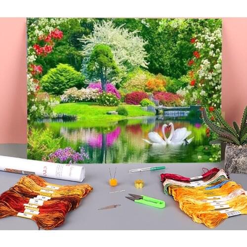 Landscape Spring Printed Water-Soluble Canvas 11CT Cross Stitch Full Kit DIY Embroidery DMC Threads Handmade work Decor