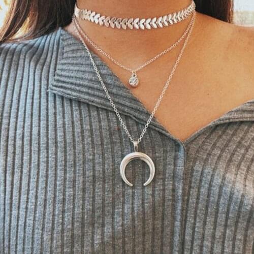 HuaTang Multilayer Crescent Pendant Necklace 3 Layer Crystal Moon Arrow Long Chains Necklaces for Women Girl Choker Jewelry 9752
