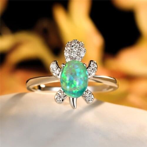 Dainty Animal Green Opal Stone Ring Simple Fashion Small Turtle Ring Vintage Silver Color Wedding Rings For Women Bridal Jewelry