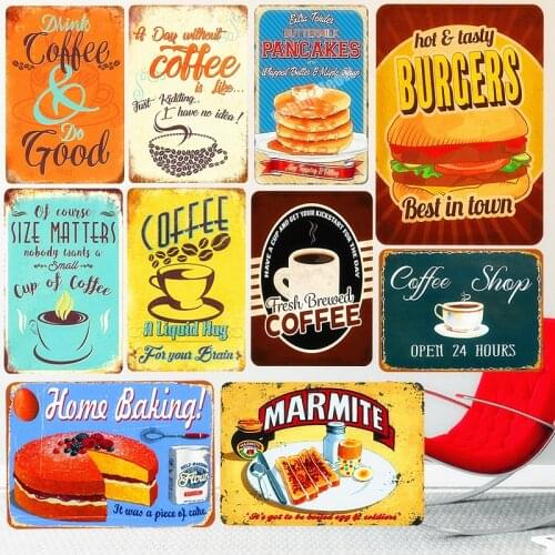 Coffee Vintage Metal Tin Signs Cake Dessert Hamburger Plaque Poster Bar Pub Bakery Wall Cafe Home Decor Plates Stickers A677