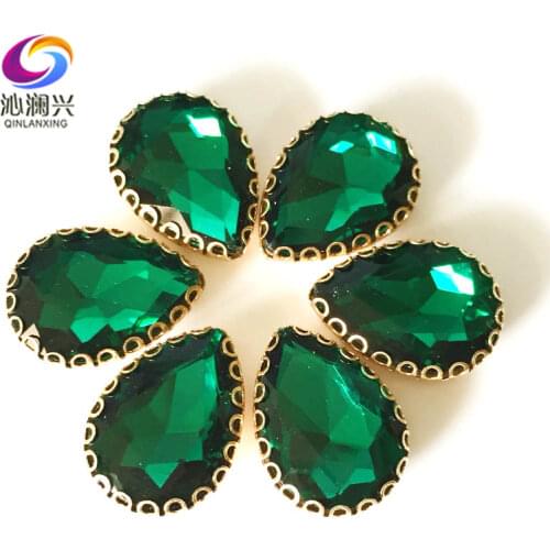 Malachite green Drop shape top glass crystal lace claw rhinestones,golden base sew on stone for Diy/Clothing accessories HGS14