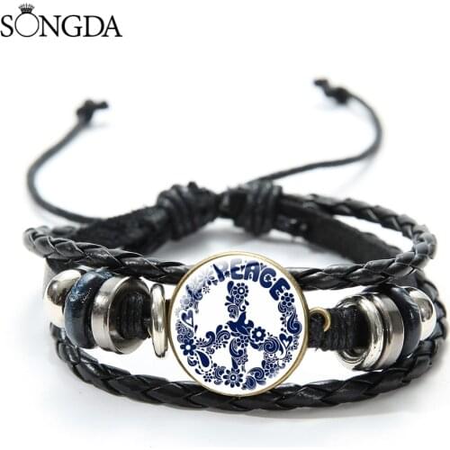 SONGDA Fashion Peace Sign Heart Kids Dolphin Bracelets For Women Cute Animal Pigeon Art Glass Cabochon Leather Bracelets Jewelry