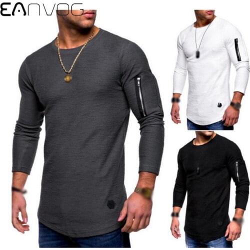 2021 New T-shirt Mens Spring and Summer T-shirt Top Mens Long-sleeved Arm Zip O Neck Cotton Solid Color Folding T-shirt Men