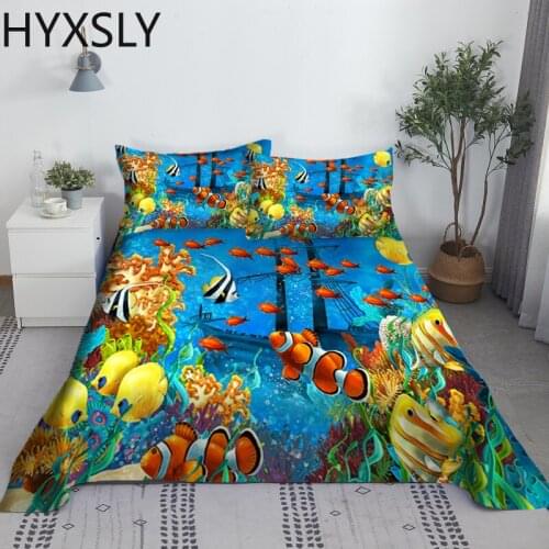 2/3PCS Marine Organism Bed Sheet Set 3D Printing Underwater World Polyester Bed Flat Sheet With Pillowcase 1/1.2/1.35/1.5/1.8/2m