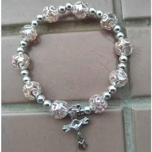 Wholesale 12 strands Free Shipping Fashion Jewelry Pink Faceted Crystal Cross Beads Stretch Bracelet 7.5" FG4541