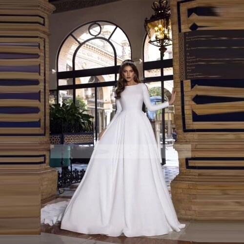 Modest Scoop Long Sleeves A-Line Wedding Dresses Garden Long Bridal Gowns Custom Made Formal White Robe De Mariee Simple