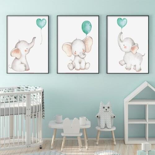 Pink and Green Love balloon Elephant Baby Canvas Paintings Wall Art Poster Prints Pictures for Kids Bedroom Home Decor No Frame