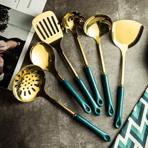 Nordic Stainless Steel Colander Ceramic Emerald Green Handle Spatula Shovel Soup Spoon Cookware Kitchenware Sets Kitchen Tools