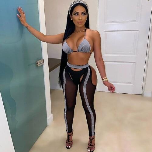 Sexy Club Birthday Outfits for Women Mesh Sheer Glitter Two Piece Set Festival Clothing Bra Crop Top and Leggings Matching Sets