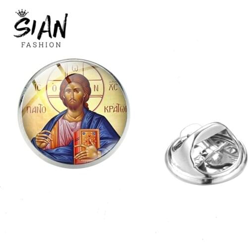 SIAN Vintage Jesus Christian Brooches Saint Cross Religious Symbol Glass Round Clothes Hat Badges High Quality Metal Lapel Pins