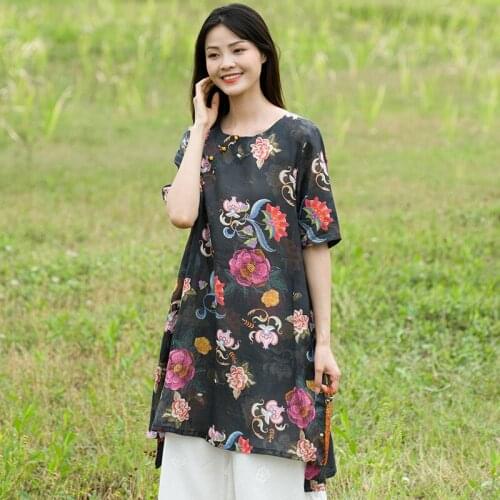 Women Summer Printed Ramie Shirt Ladies Loose Long Tops Female 2020 Ramie Print Thin Loose Shirts Blouse