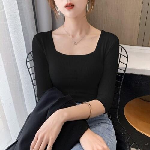 2021 Spring and summer Square collar short-sleeved thread bottoming shirt womens bottoming shirt loose mid-sleeved t-shirt