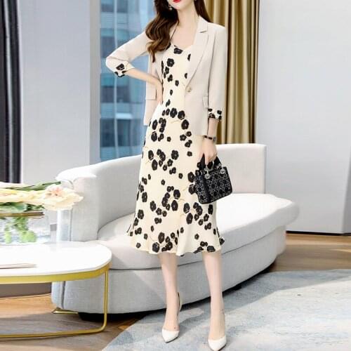 Women Summer Blazer+Sling Camisole Print Dress Suits Tops Fashion Floral Dresses Sets Elegant Woman Two Piece Set
