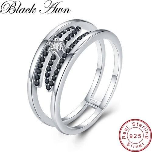[BLACK AWN] Real 925 Sterling Silver Ring Black Spinel 'Z' Wedding Rings For Women Silver 925 Jewelry Hollow Bague G017