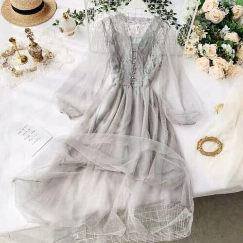 New Summer Women Lace Crochet Dress Mesh Long Gauze Lantern Sleeve Voile Swing Long Dress Female Princess Dress 2pcs Set