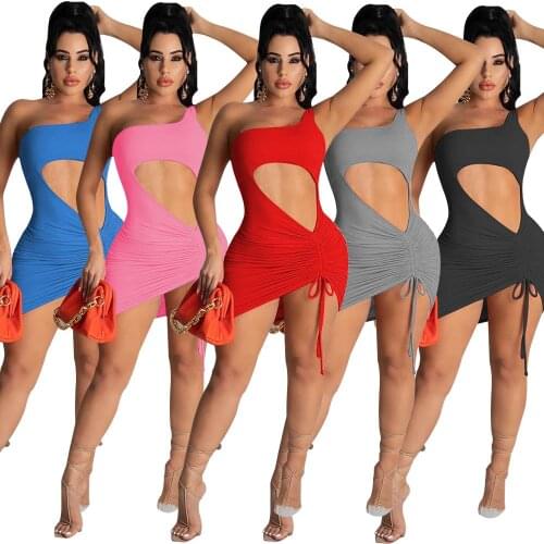 Womens Solid Single Shoulder Sleeveless Basic Tank Dress Sexy Hollow Out Slim Fitted Short Dress Drawstring Pleated Mini Dress
