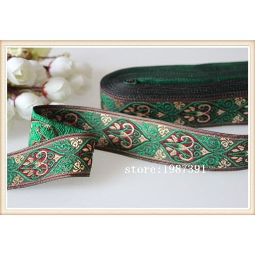 10yards/lots Woven Jacquard Ribbon 2.8cm green background gold paisley pattern LS-6511