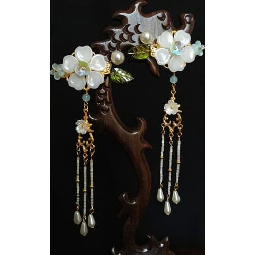 2 pcs vintage Hanfu flower Long tassel pearl Girl classical Hair Jewelry Flower Hiar clips Accessories