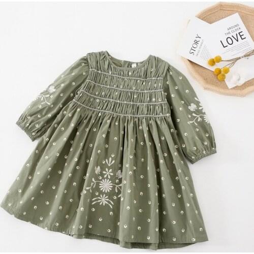2021 Spring Autumn Toddler Kids Smocked Embroidery Floral Dress For Baby Girls Cotton Dress Little Children Costume Vestidos