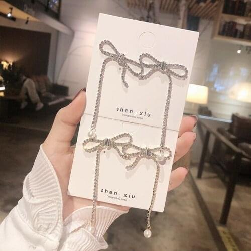 Asymmetrical Rhinestone Long Tassel Bowknot Zircon Golden Silver Plated Dangle Earrings & Drop Earrings for Women