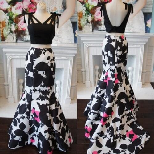 Black & White Prom Dress 2019 2-Piece vestidos de fiesta de noche largos elegantes Backless Long vestidos de gala Print Foral