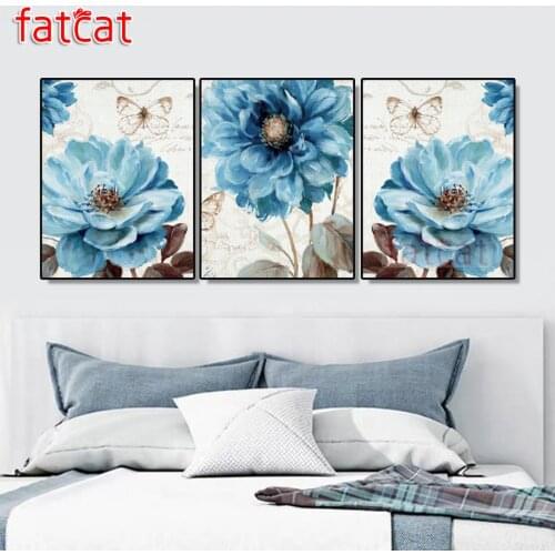 FATCAT Blue flower abstract art 5d diy diamond painting full square round drill rhinestone embroidery triptych home decor AE1900
